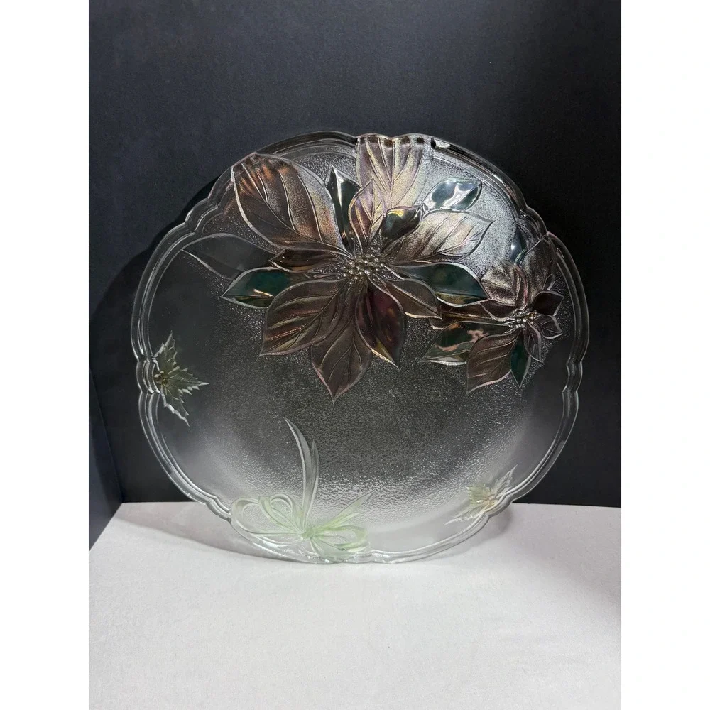 Mikasa Holiday Poinsettia Glass Platter Christmas Serving Plate Textured Floral
